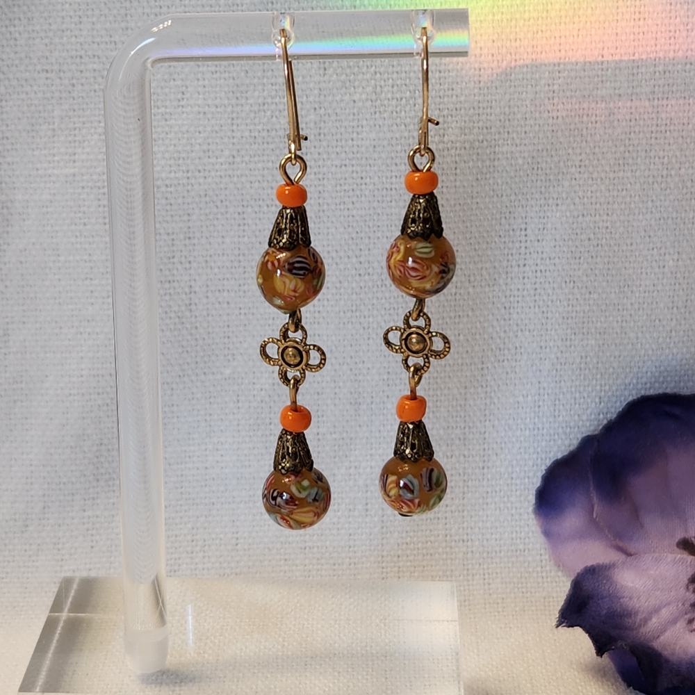 Lampwork Gold and Orange Beaded Dangle Earrings